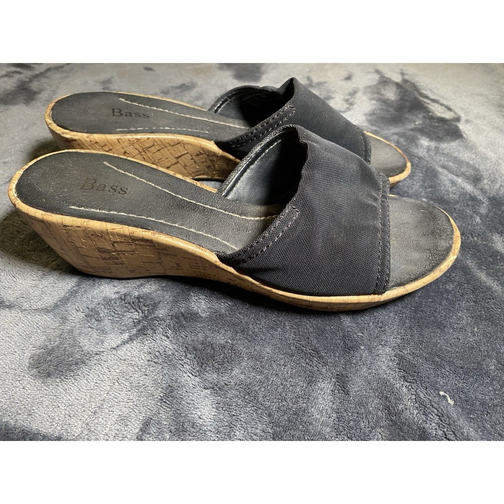 Bass Evana Women's Size 8M Black Fabric Wedge Slide Sandals Cork Print Heel